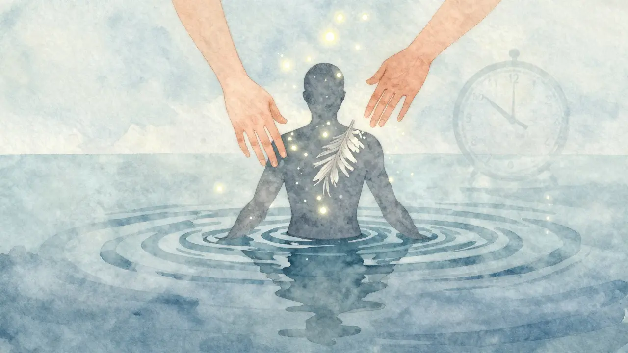 Konceptuální obrázek těla, které se uvolňuje do klidu, s jemnými vlnami světla a pomalým časem, bez jakéhokoli tlaku.