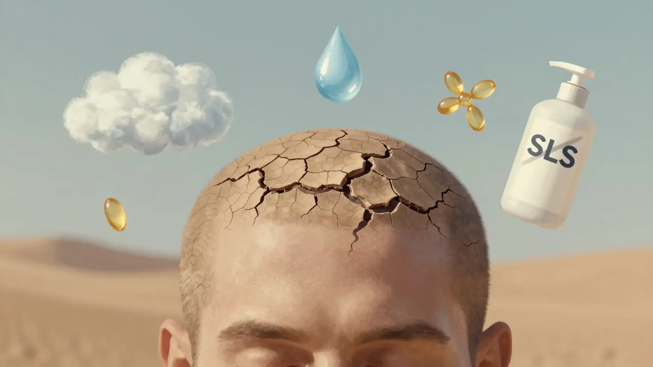 Kůže hlavy s suchými trhlinami, okolo ní symboly stresu, vody a výživy, bez textu nebo popisků.