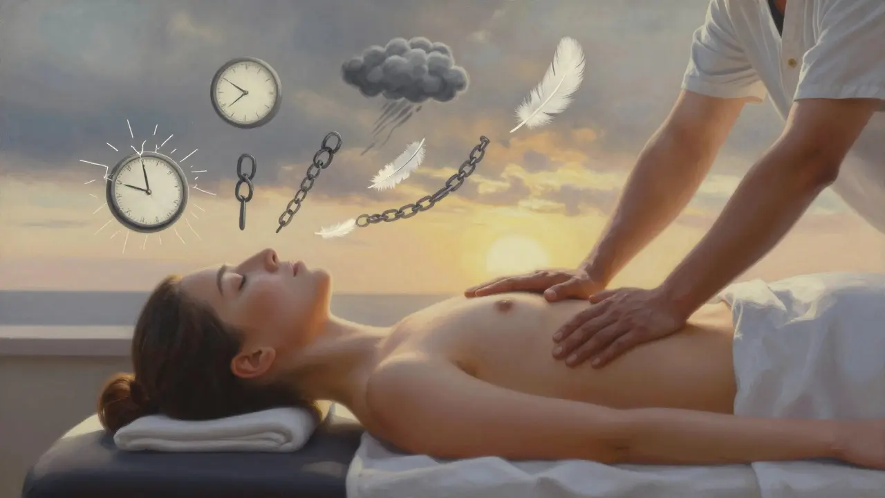 Osoba na masážním stole, kolem ní se mění symboly stresu v peří a světlo, zatímco terapeut pracuje na zádech.