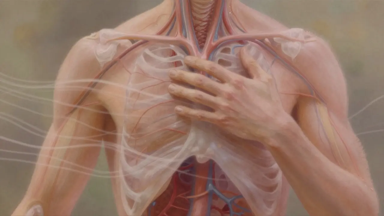 Přehledný nákres lidského těla s viditelným prouděním krve a lymfy pod kůží při jemném masírování.