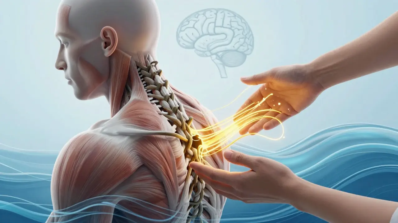 Průhledný obraz těla s napjatými svaly jako temnými provazy, které se mění v klidné vlny pod rukama terapeuta.