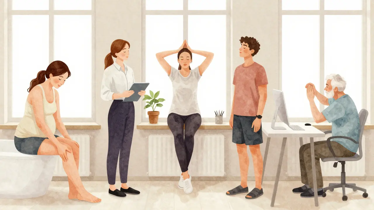 Různí lidé provádějí jednoduché domácí cvičení pro podporu lymfy: dýchání, masáž nohou a pohyb po sedění.