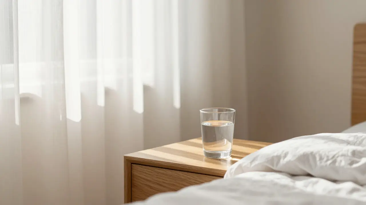 Sklenice vody na stolku u postele v osvětleném ranním prostoru.