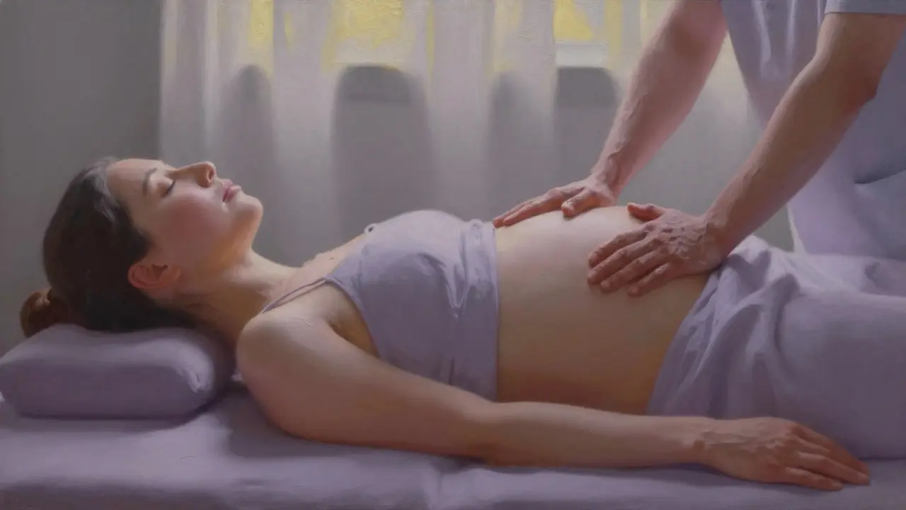 Těhotná žena si odpočívá během jemné Breussovy masáže, ruce terapeuty se pohybují nad tělem bez tlaku, v klidném prostředí.