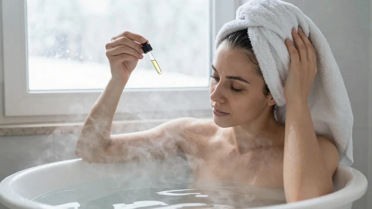 Žena v parní koupeli s olejem a eukalyptem, pára stoupá kolem její hlavy, pokryté ručníkem.