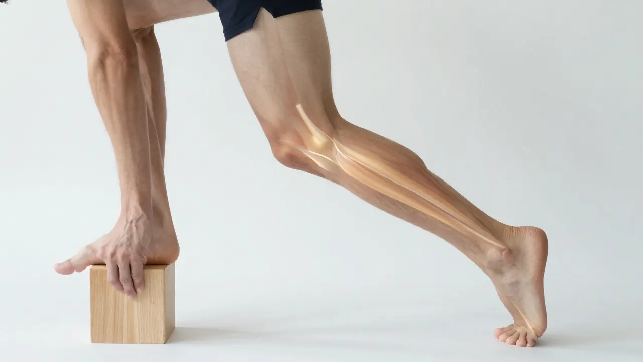 Člověk provádí rehabilitační excentrické cvičení na nohu pro regeneraci šlachy.