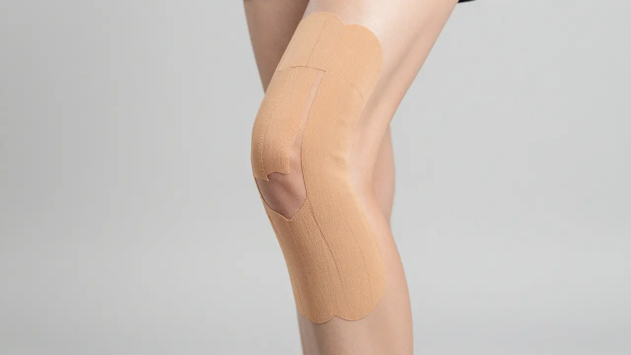 Detail kolene s aplikovaným kineziologickým tejpem pro podporu šlachy.