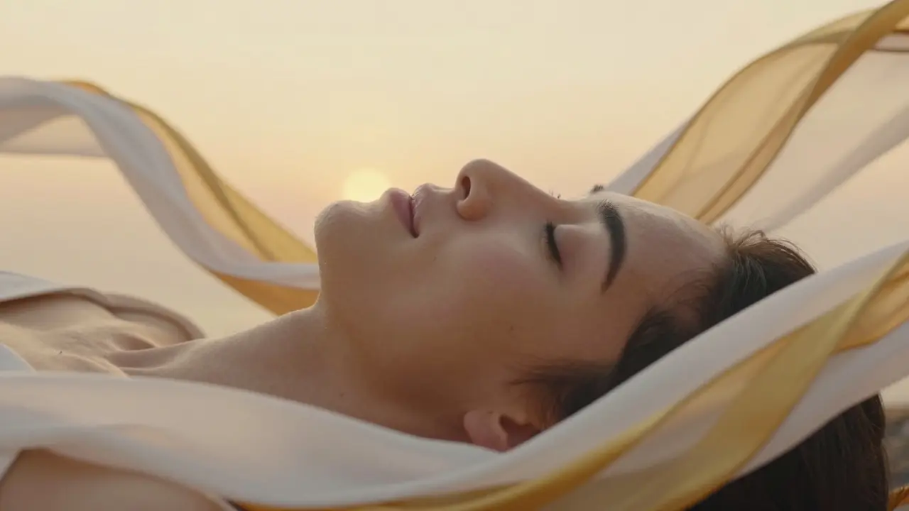 Klidná tvář člověka v stavu hlubokého uvolnění obklopená vlnami světla a klidu.