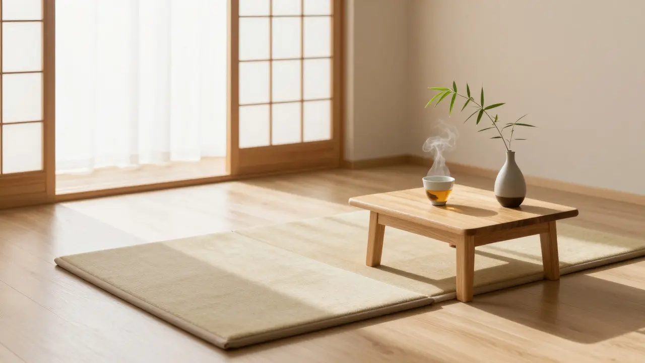 Klidný interiér japonského studia s futonem a šálkem teplého čaje.