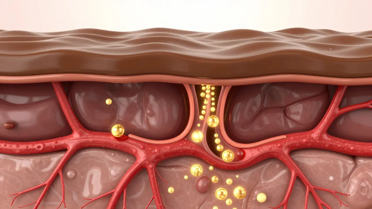 Konceptuální znázornění vasodilatace a vlivu teobrominu na krevní cévy v kůži.