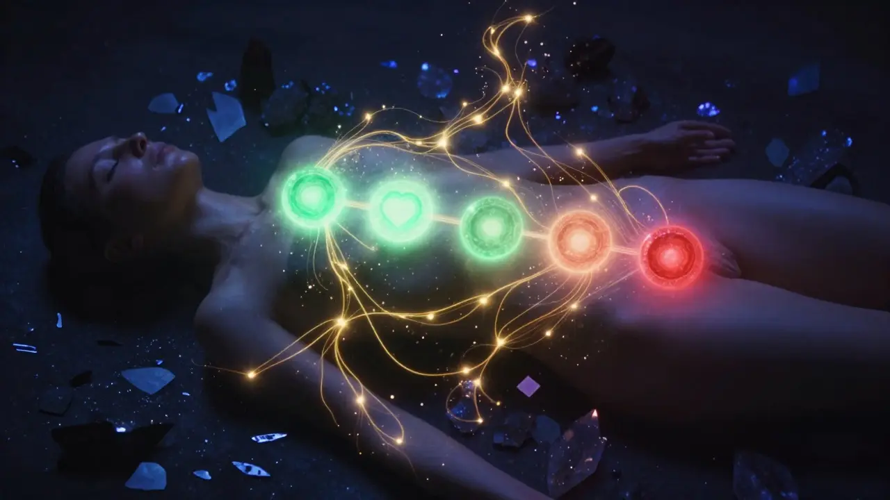 Vizualizace energetických center a čakr v lidském těle s proudící zlatou energií.