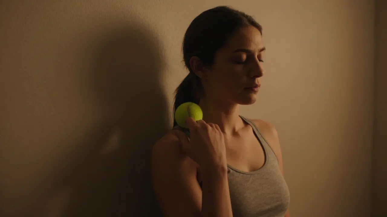 Žena uvolňuje napětí v ramen a zádech pomocí masážního míčku u zdi.