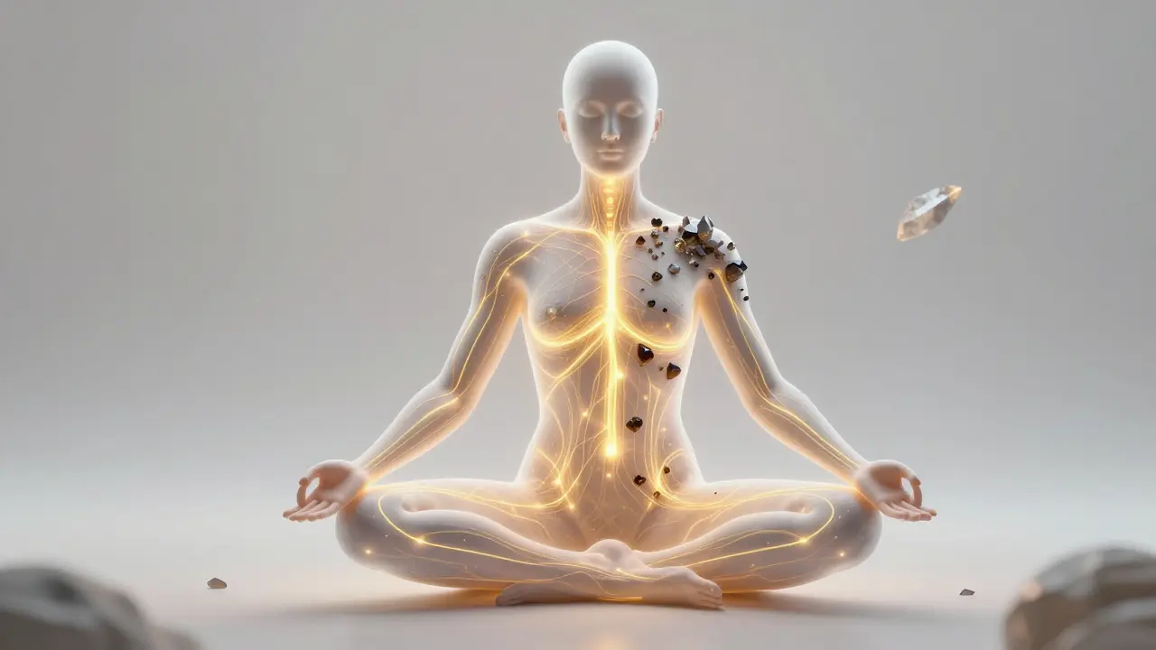 Zlaté energetické meridiány v lidském těle s vyznačenými blokádami.