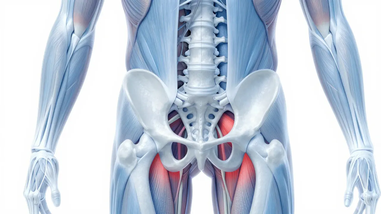 Anatomická ilustrace hlubokých svalů pánve a dolní části zad s vyznačenými body napětí