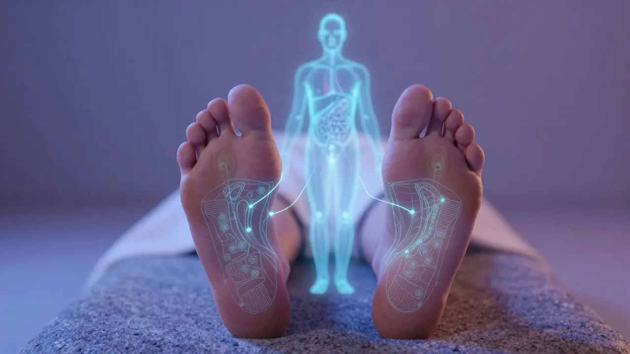Koncept reflexologie s mapou bodů na chodidlech