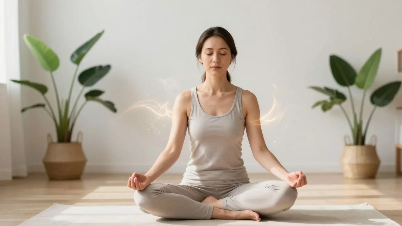 Žena v meditaci vyzařuje klid a obnovu duševní rovnováhy