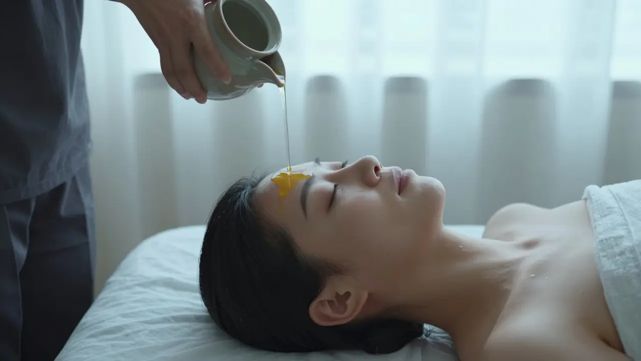 Terapie Shirodhara s tokem oleje na čelo pro hlubokou relaxaci