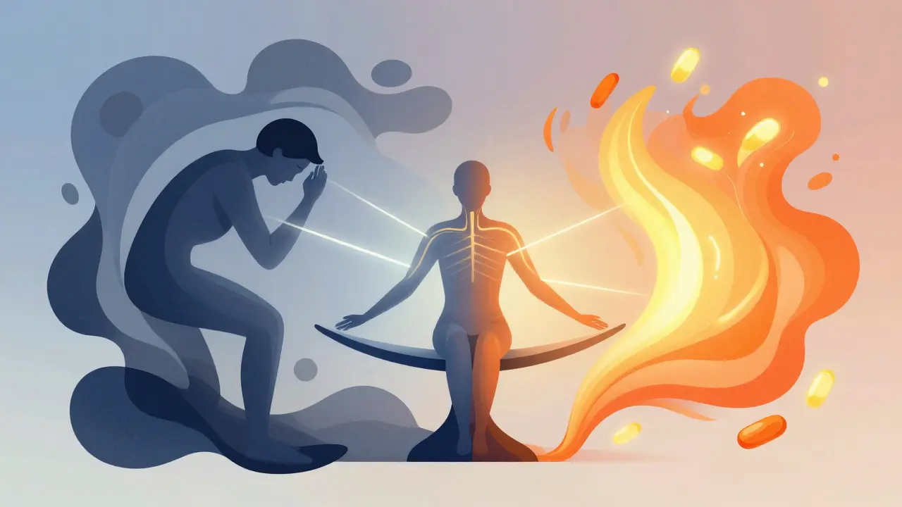Abstraktní ilustrace přechodu od stresu k regeneraci pomocí barev