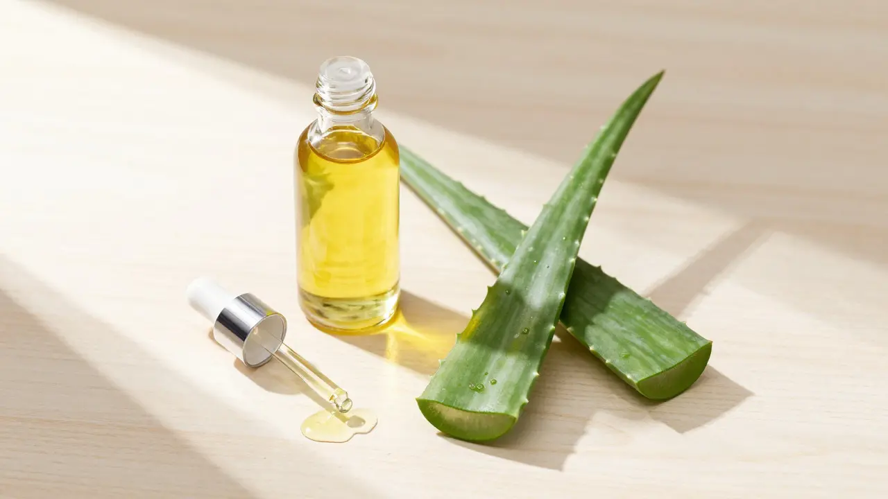 Přirozené prostředky pro péči o hlavu: olivový olej, aloe vera a čajovníkový olej.
