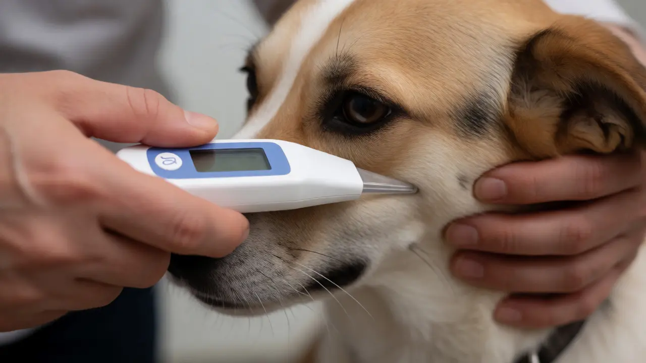 Veterinární kontrola tělesné teploty psa pomocí digitálního teploměru