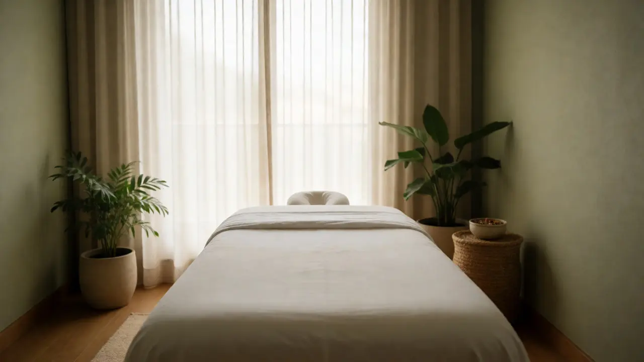 Prázdný masážní stůl v klidném, minimalistickém interiéru