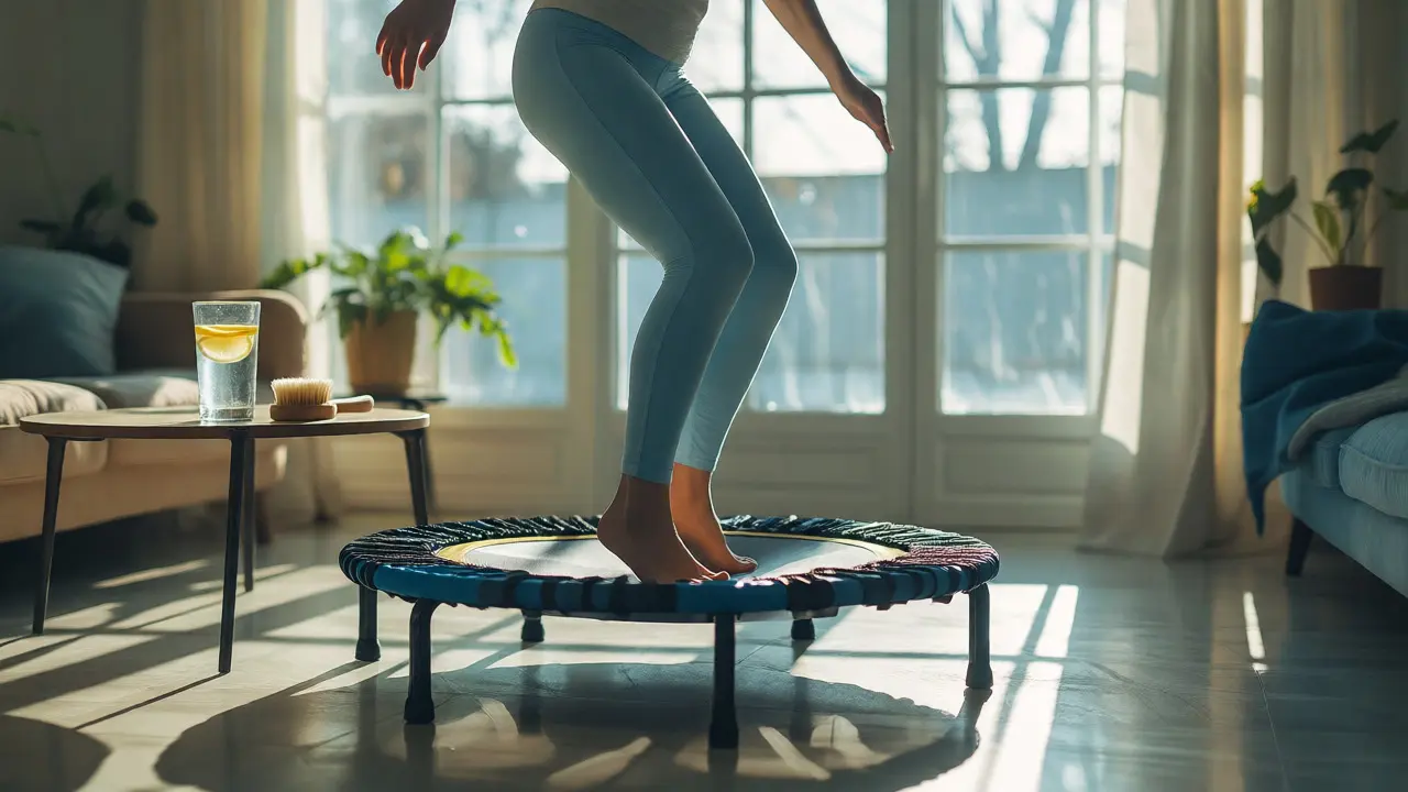 Žena cvičí na trampolíně pro podporu lymfy doma