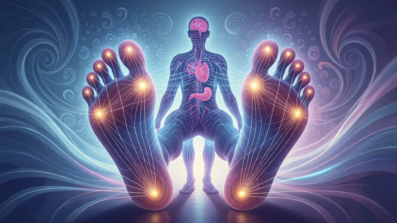 Conceptual art showing reflex zones on feet connected to body organs