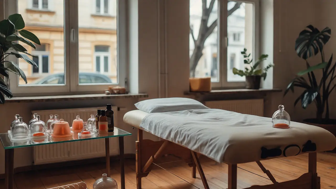 Interiér masážního studia s náčiním pro baňkování na pozadí okna.