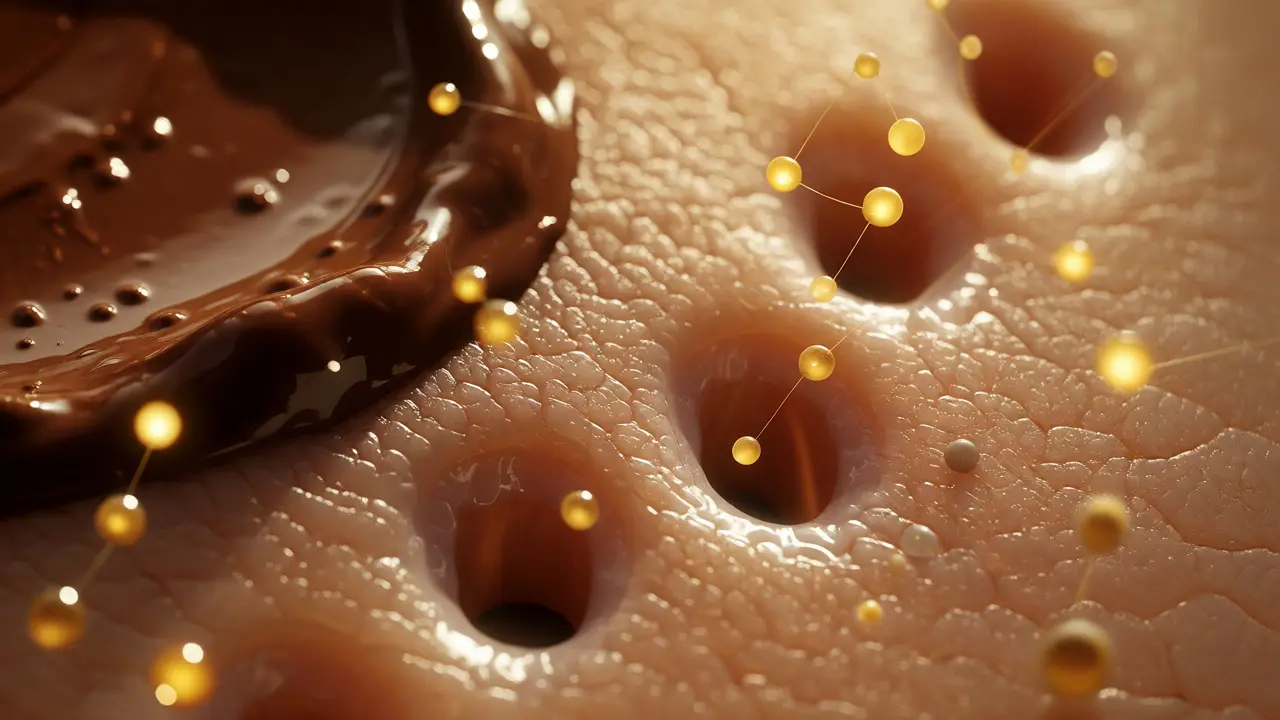 Makro pohled na vstřebávání živin z kakaového másla do pokožky pro omlazení