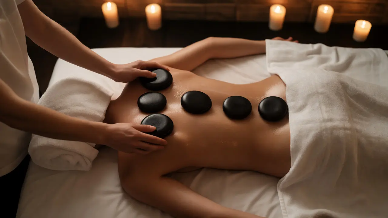 Masáž lávovými kameny na zádech v útulném wellness centru