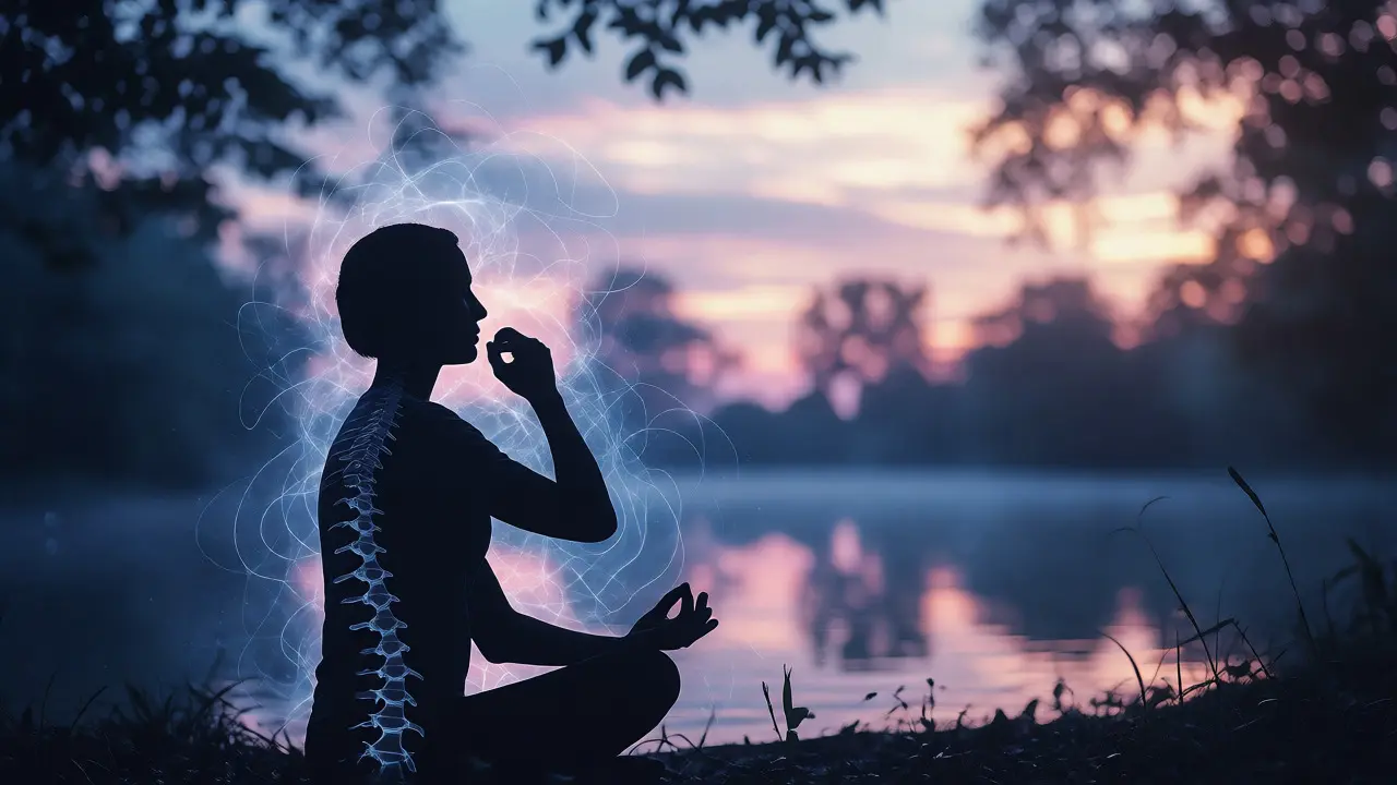 Silueta osoby meditující v přírodě při západu slunce, symbolizující duševní klid a relaxaci