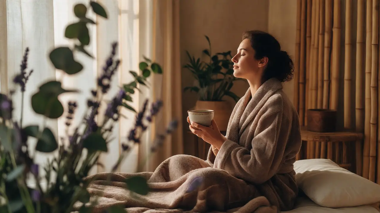 Uvolněná žena s čajem po masáži v klidném wellness prostředí