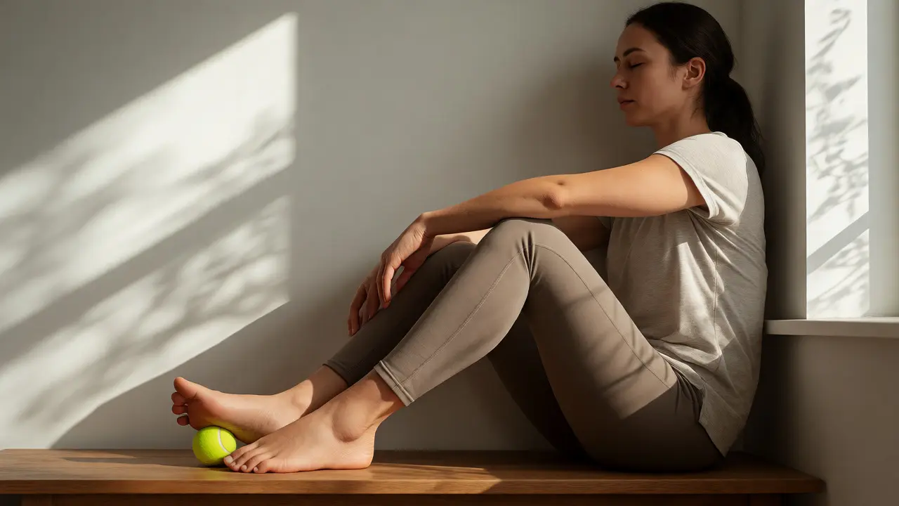 Woman using a tennis ball for self-foot massage in a calm room